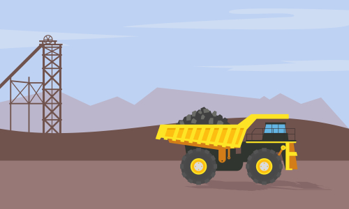 Mining industry flat composition with coal loading by excavator to truck on factory background vector illustration