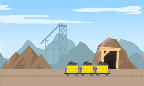 Mining industry flat composition with coal loading by excavator to truck on factory background vector illustration