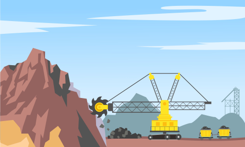 Mining industry flat composition with coal loading by excavator to truck on factory background vector illustration