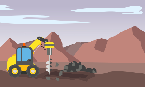 Mining industry flat composition with coal loading by excavator to truck on factory background vector illustration
