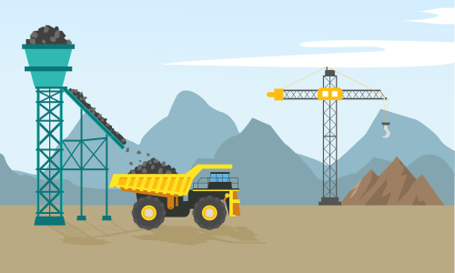 Mining industry flat composition with coal loading by excavator to truck on factory background vector illustration