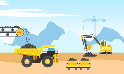 Mining industry flat composition with coal loading by excavator to truck on factory background vector illustration
