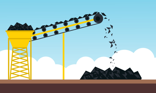 Mining industry flat composition with coal loading by excavator to truck on factory background vector illustration