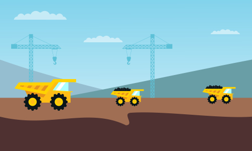 Mining industry flat composition with coal loading by excavator to truck on factory background vector illustration