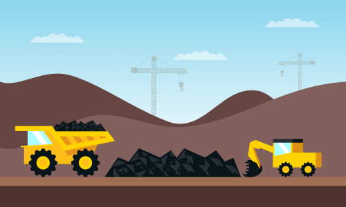 Mining industry flat composition with coal loading by excavator to truck on factory background vector illustration