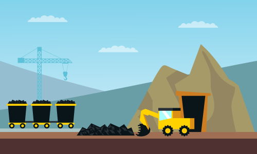 Mining industry flat composition with coal loading by excavator to truck on factory background vector illustration