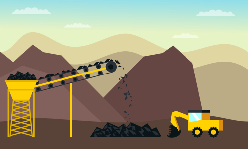 Mining industry flat composition with coal loading by excavator to truck on factory background vector illustration