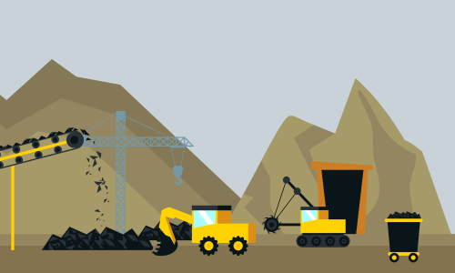 Mining industry flat composition with coal loading by excavator to truck on factory background vector illustration