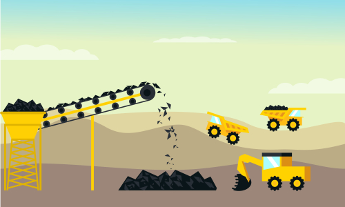 Mining industry flat composition with coal loading by excavator to truck on factory background vector illustration