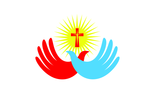 Praying hand holding cross. Religion, Church vector logo