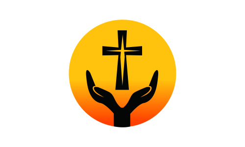 Praying hand holding cross. Religion, Church vector logo