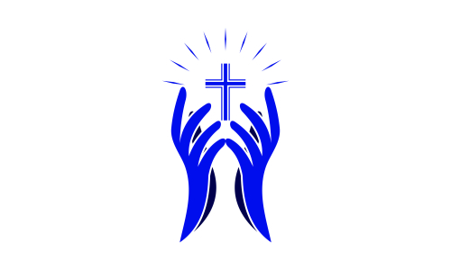 Praying hand holding cross. Religion, Church vector logo