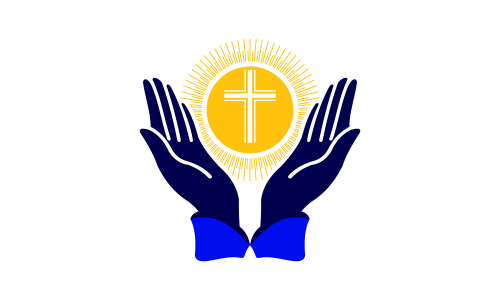 Praying hand holding cross. Religion, Church vector logo