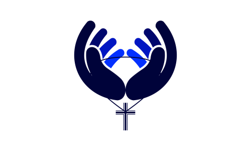 Praying hand holding cross. Religion, Church vector logo