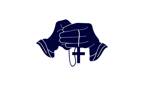Praying hand holding cross. Religion, Church vector logo