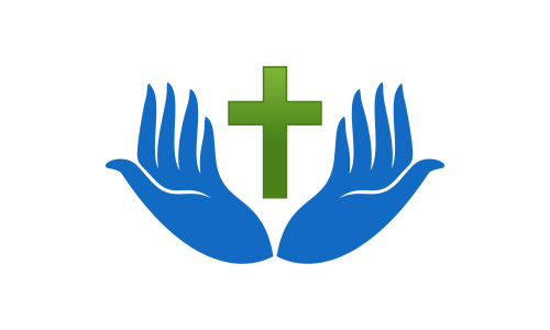 Praying hand holding cross. Religion, Church vector logo