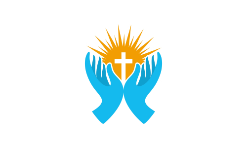 Praying hand holding cross. Religion, Church vector logo