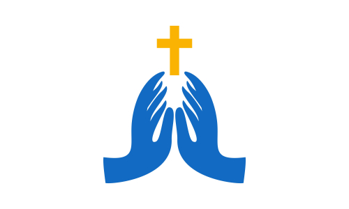 Praying hand holding cross. Religion, Church vector logo