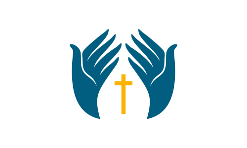 Praying hand holding cross. Religion, Church vector logo