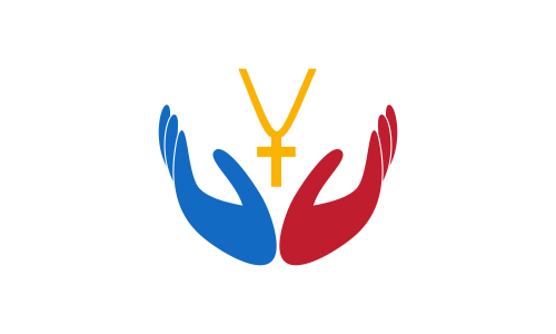 Praying hand holding cross. Religion, Church vector logo