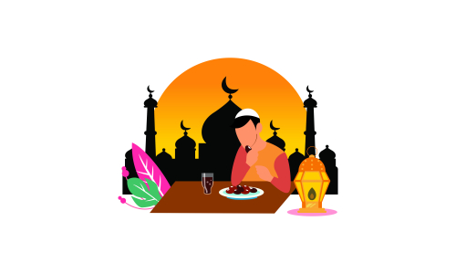 Delicious menu for iftar party are on the table with teapot illustration 