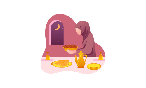 Delicious menu for iftar party are on the table with teapot illustration 