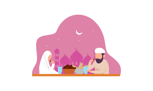 Delicious menu for iftar party are on the table with teapot illustration 