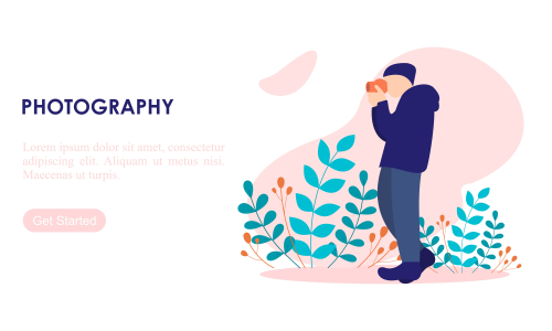 Male enjoying their hobbies photography vector flat design illustration