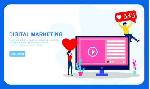 Flat design digital marketing SMM, influencer online advertising vector illustration