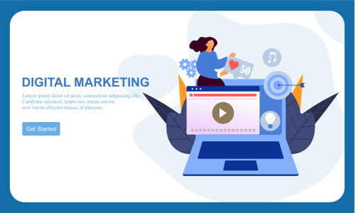 Flat design digital marketing SMM, influencer online advertising vector illustration