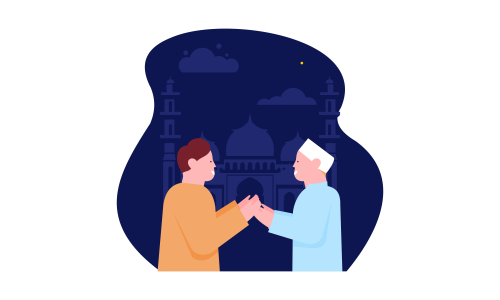 Happy eid mubarak, ramadan mubarak greeting concept with people character illustration