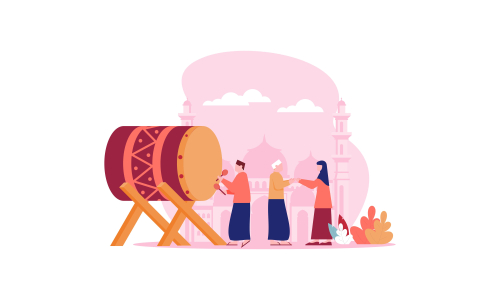 Happy eid mubarak, ramadan mubarak greeting concept with people character illustration