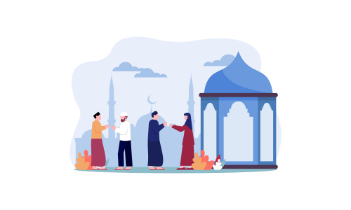 Happy eid mubarak, ramadan mubarak greeting concept with people character illustration