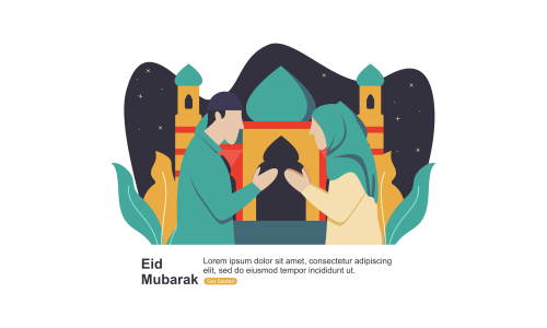 Happy eid mubarak, ramadan mubarak greeting concept with people character illustration