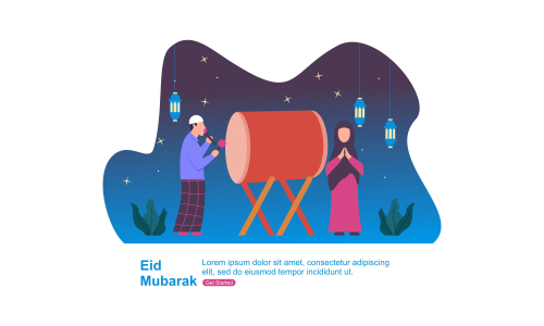 Happy eid mubarak, ramadan mubarak greeting concept with people character illustration