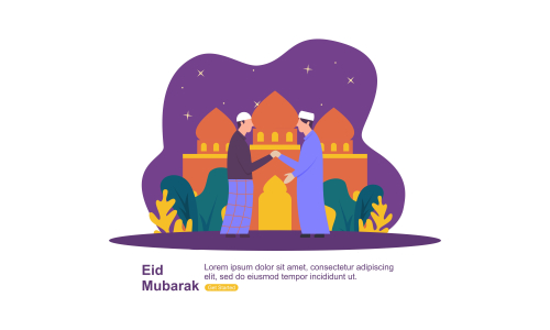 Happy eid mubarak, ramadan mubarak greeting concept with people character illustration