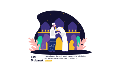 Happy eid mubarak, ramadan mubarak greeting concept with people character illustration