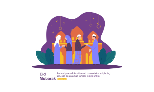 Happy eid mubarak, ramadan mubarak greeting concept with people character illustration