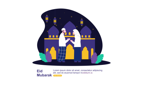 Happy eid mubarak, ramadan mubarak greeting concept with people character illustration