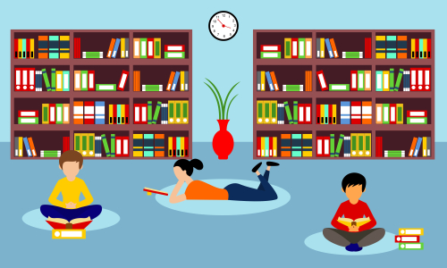 Library books and people reading in bookshop vector flat design