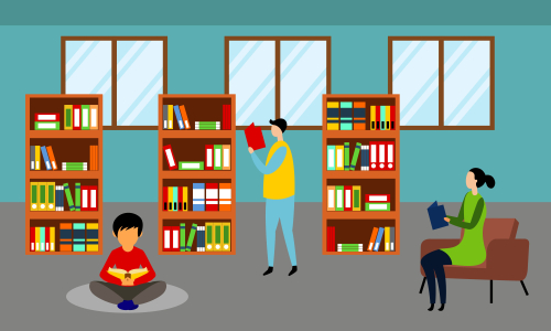 Library books and people reading in bookshop vector flat design