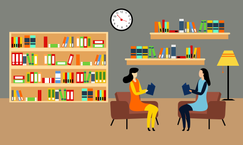 Library books and people reading in bookshop vector flat design