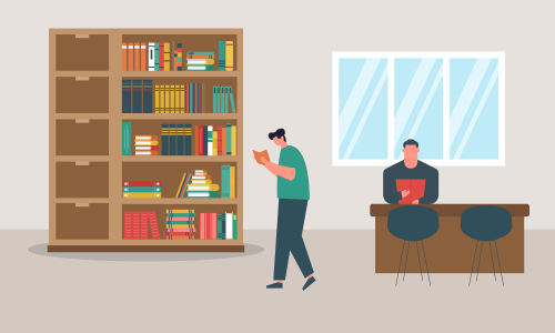 Library books and people reading in bookshop vector flat design
