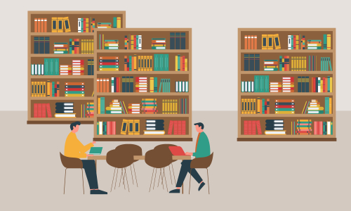 Library books and people reading in bookshop vector flat design