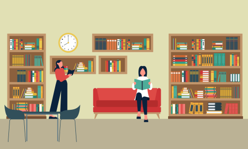 Library books and people reading in bookshop vector flat design
