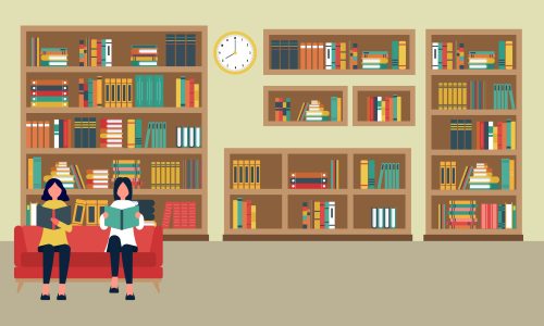 Library books and people reading in bookshop vector flat design