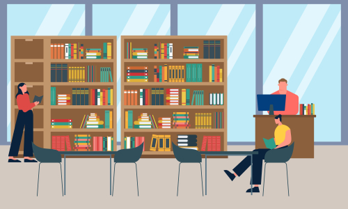 Library books and people reading in bookshop vector flat design