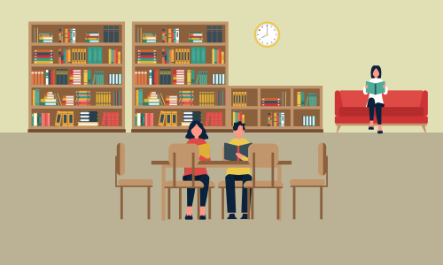 Library books and people reading in bookshop vector flat design