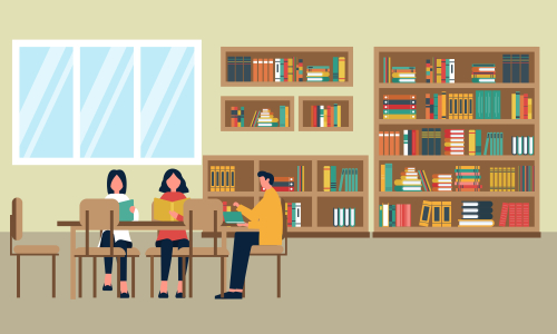 Library books and people reading in bookshop vector flat design