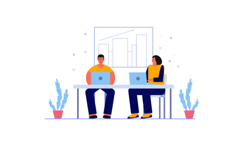 Employees discussing, business concept in office with people character illustration